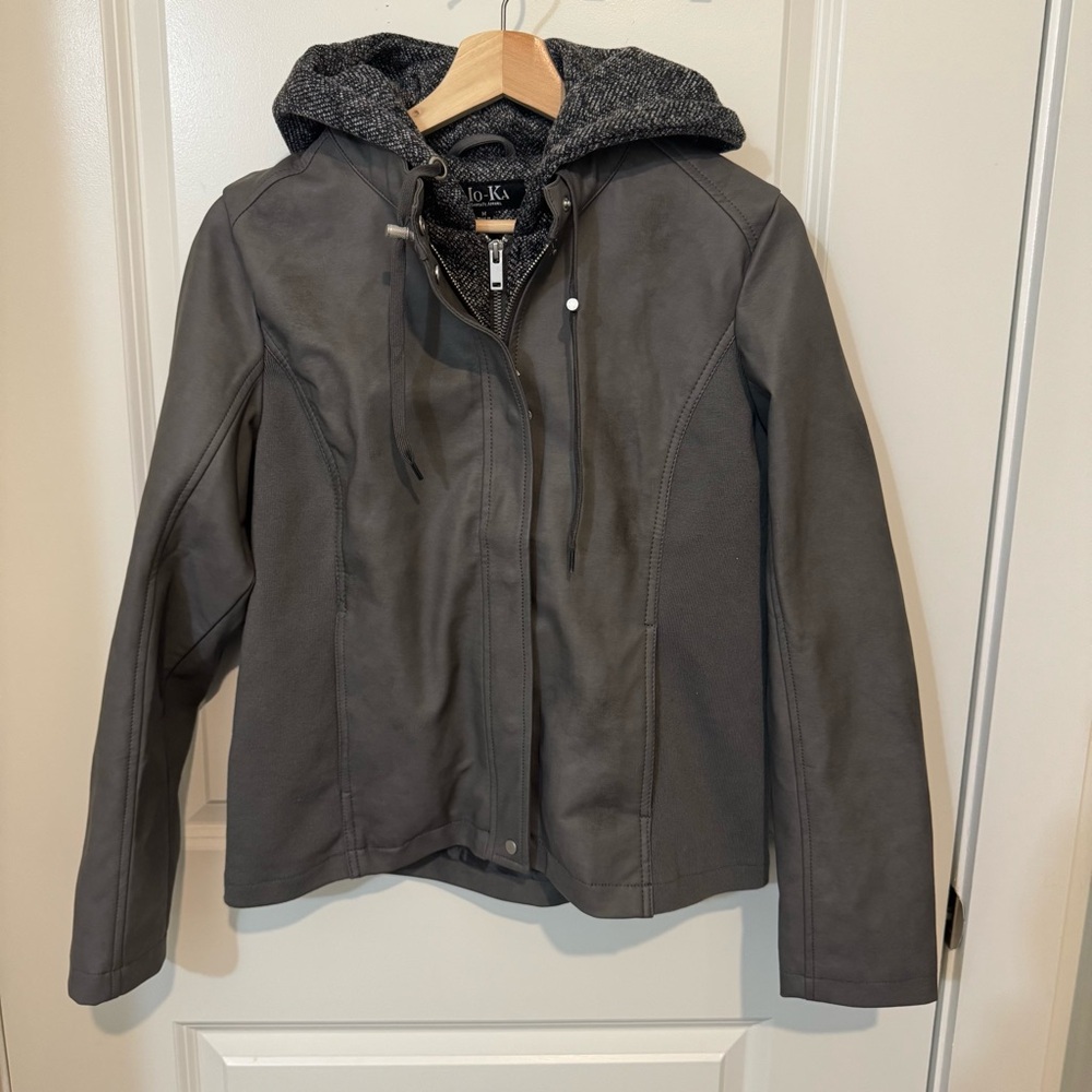 Women's Gray Leather Jacket with Hood
